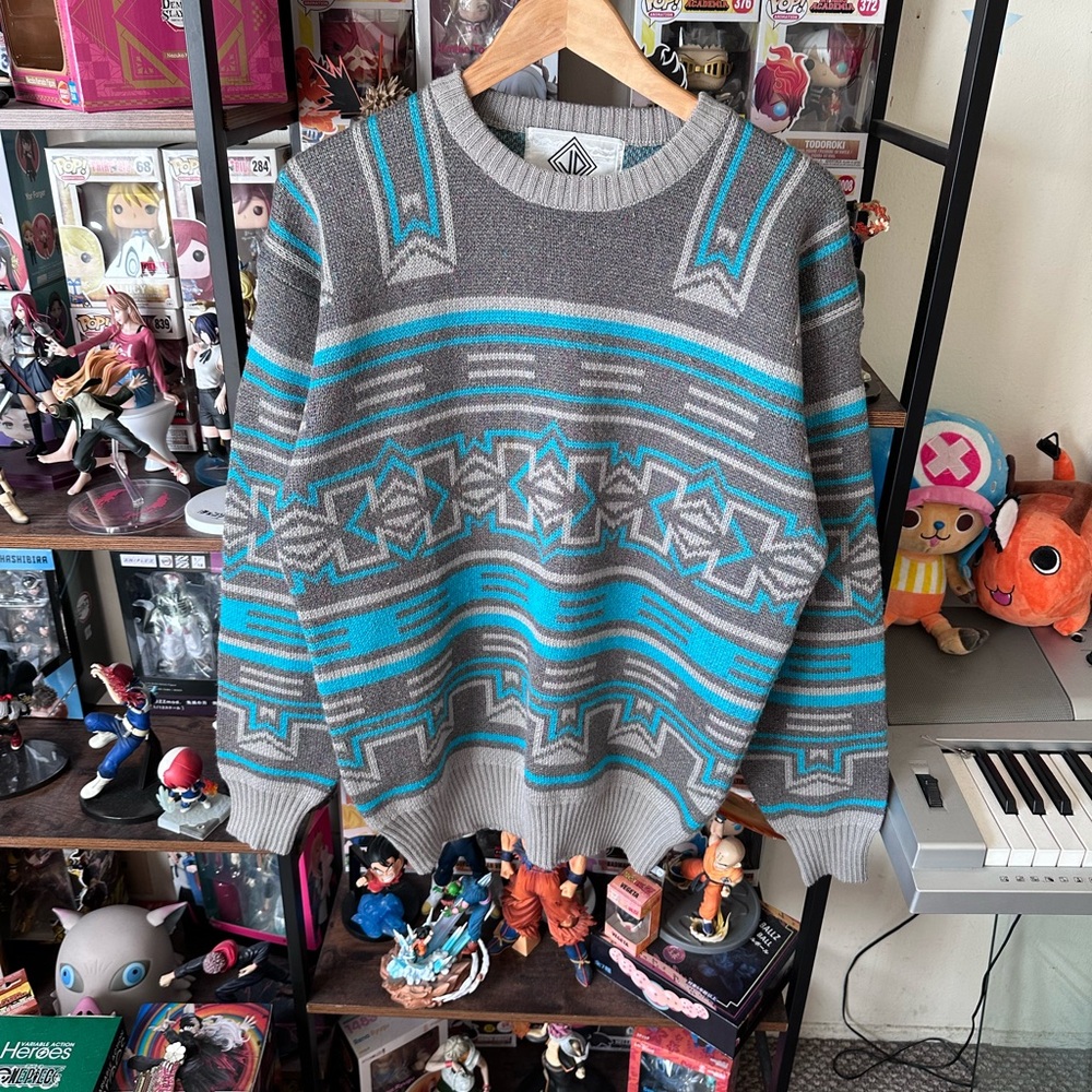 Vintage Wool Sweater Grey Teal Southwestern Geometric Men’s M USA
